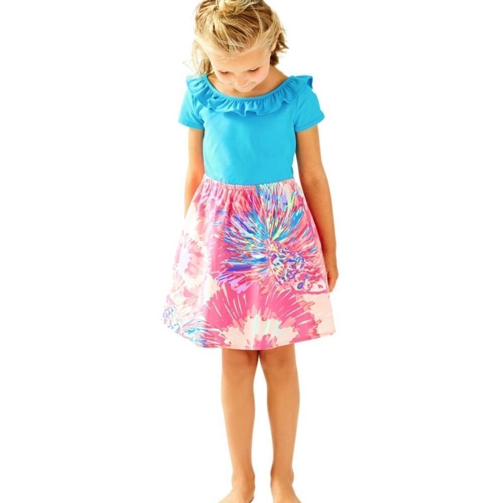 Lilly Pulitzer Brit Dress Never Been Betta Blue Pink Cotton Kids XS 2-3 year